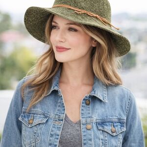 Olive green soft floppy hat with a brown suede-style band. Super Cute!